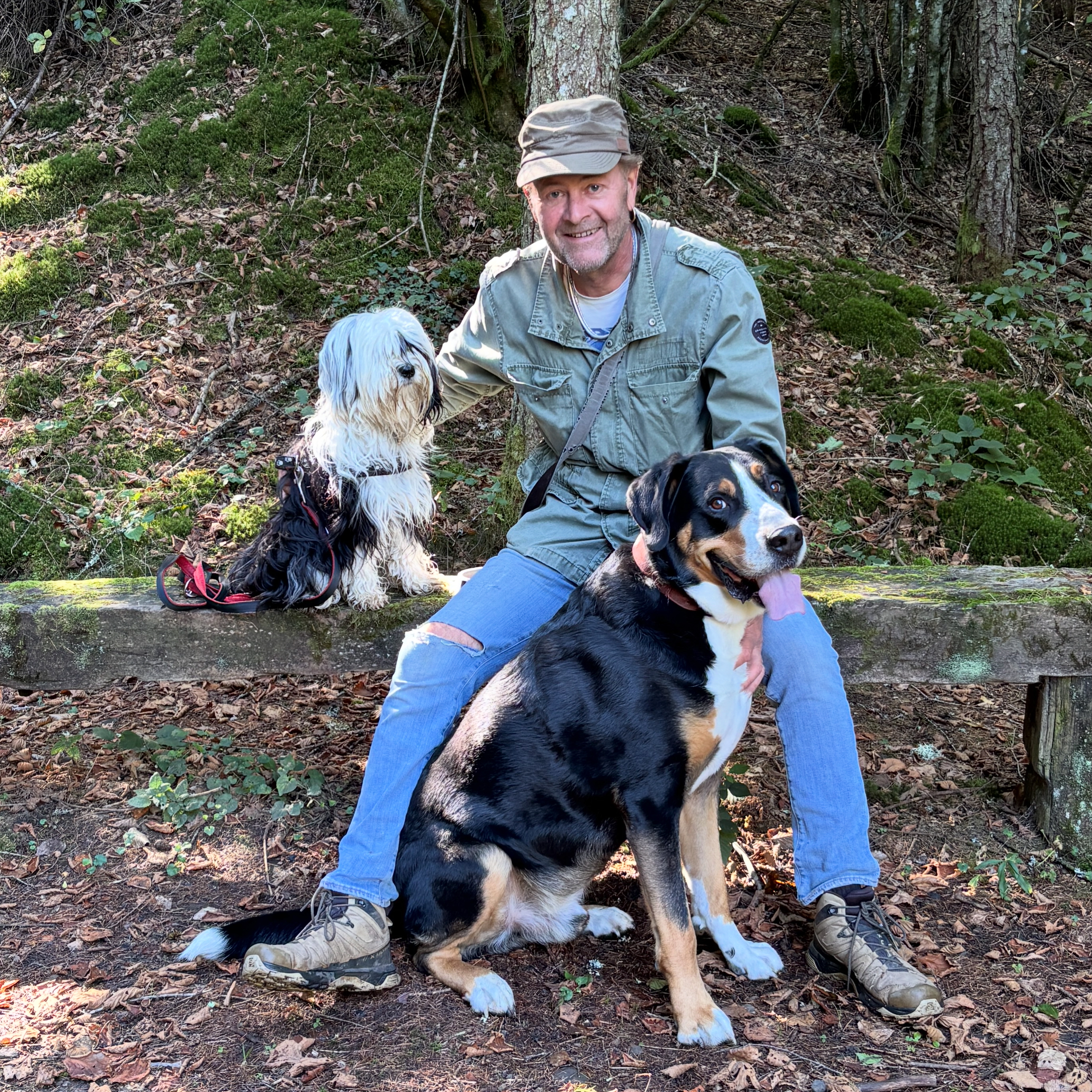 Felix avec Tashi, berger du Tibet et Pollux, Grand Bouvier Suisse