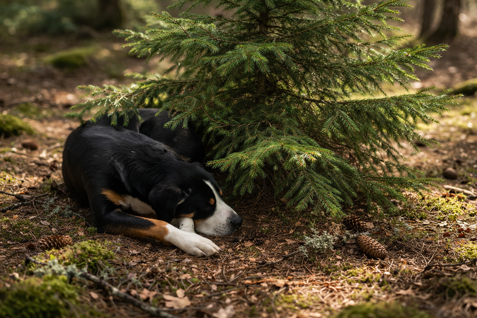 Ein Hund liegt unter einer Tanne
